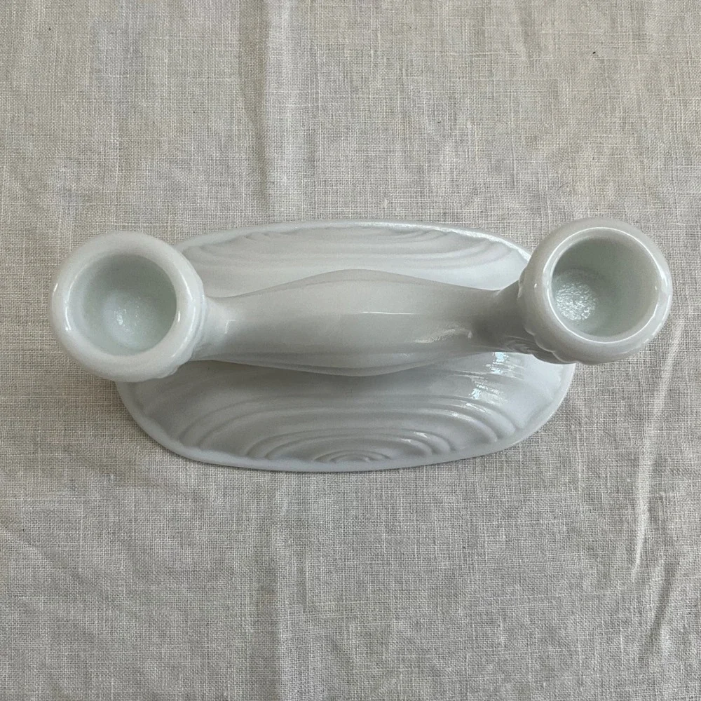 Vintage McKee Milk Glass Double Candlestick Art Deco Scrolled White Taper Holder